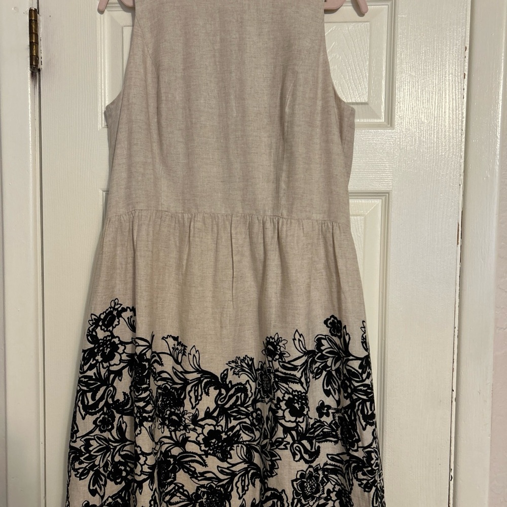 Loft Beige and Black Floral Sleeveless Women's Dress size 14 Linen/Cotton Lined